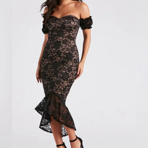 Lace sweetheart neck strapless midi mermaid dress
